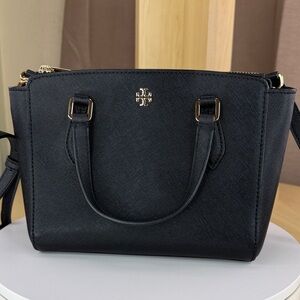 Tory Burch Black Saffiano Leather Tote with Gold Hardware